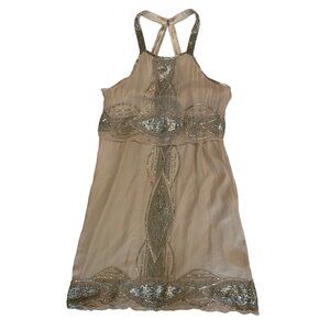 Rare Parker Silk Evening Bead Halter Mini Dress Blush Silver Sz 4 S Gatsby 7626